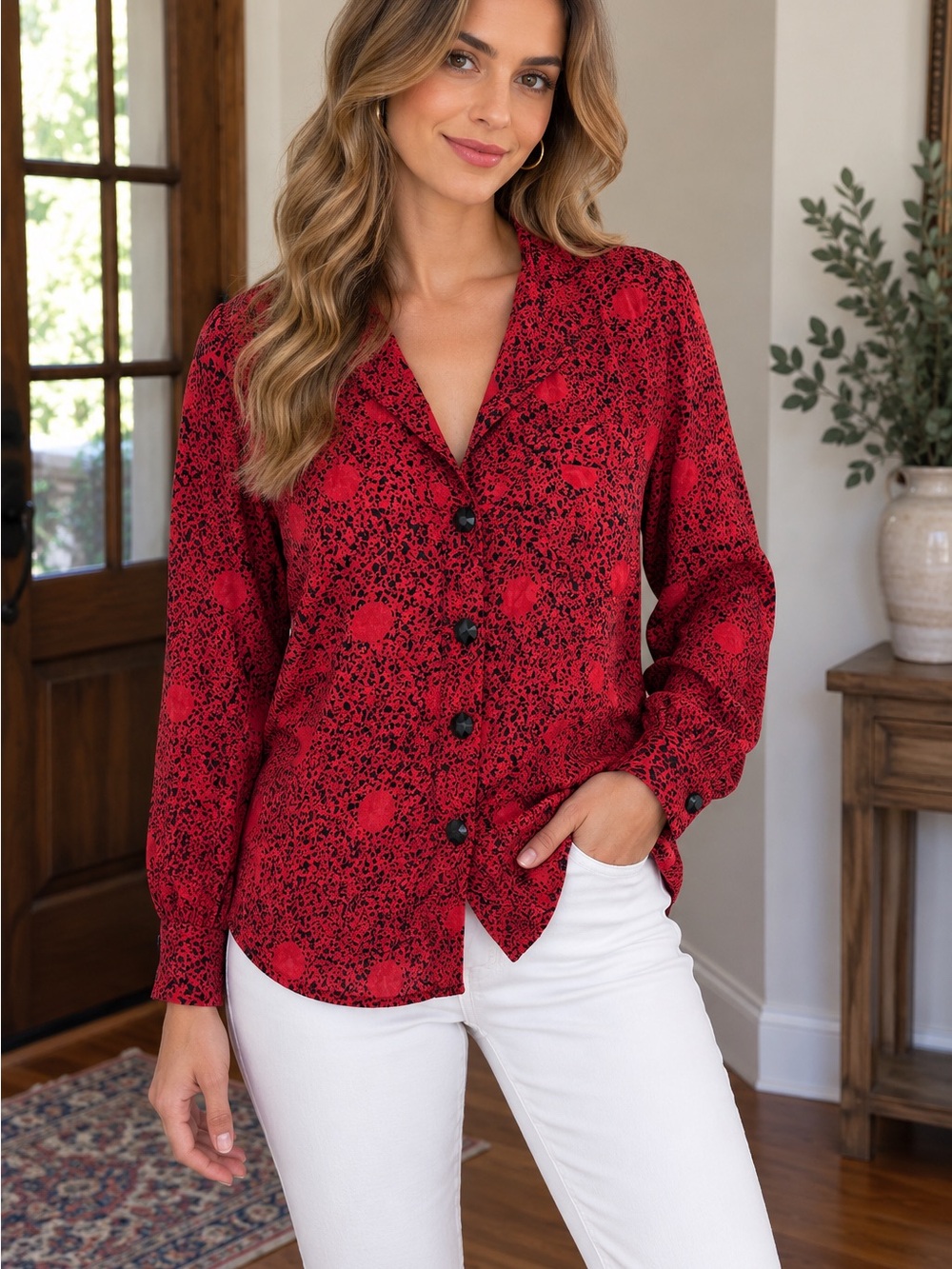 Womens Vtg 100% Silk St Gillian Faceted Button Front Red Black